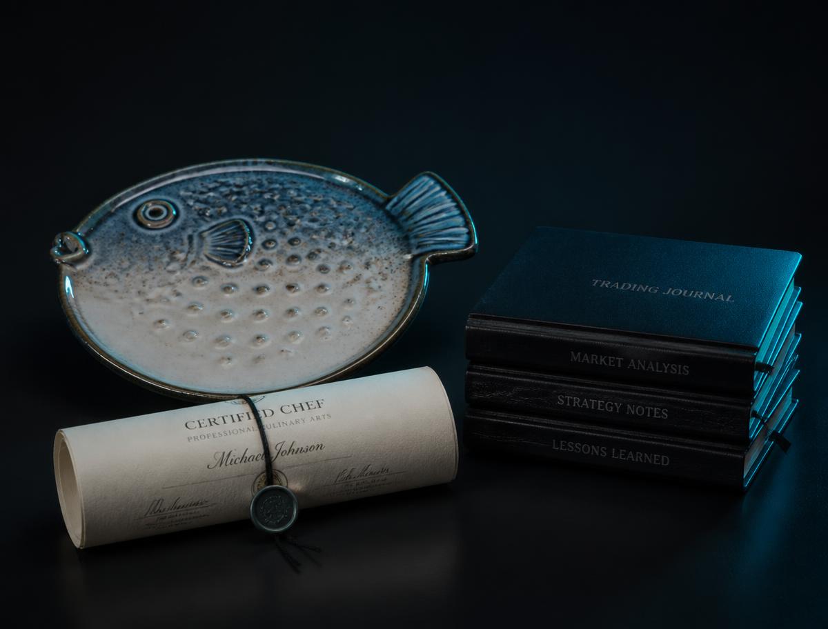 A pufferfish plate beside a chef's certificate and trading journals